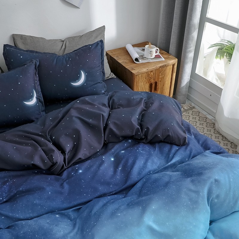 Stjernehimmel sengetøj sæt måne og stjerne mønster gradient farve dynebetræk sæt lagen pudebetræk til drenge multi størrelse
