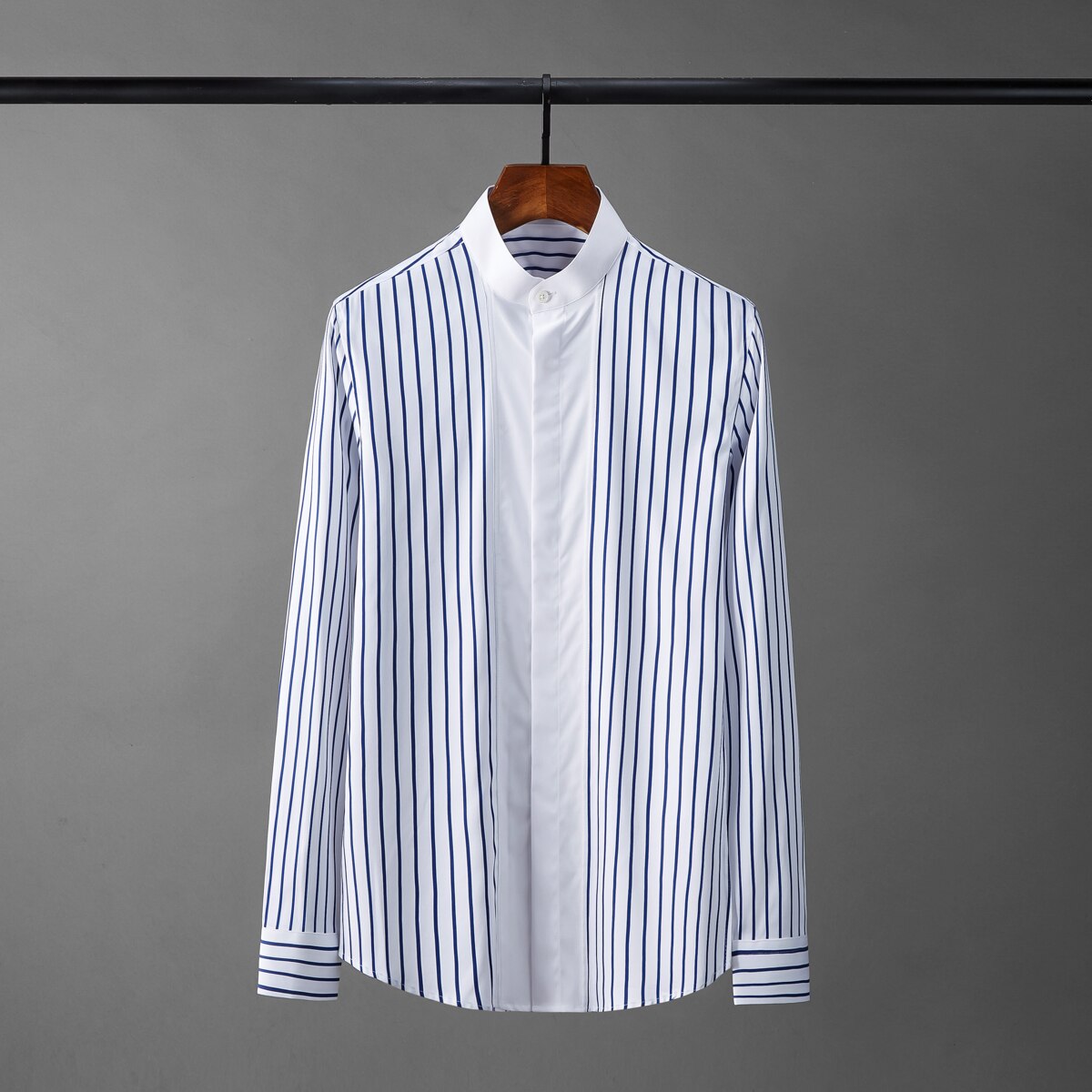 Tencel Male Shirts Luxury Stand Collar Long Sleeve Stripe Mens Dress Shirts Slim Fit Casual Man Shirts 4xl: XXXL