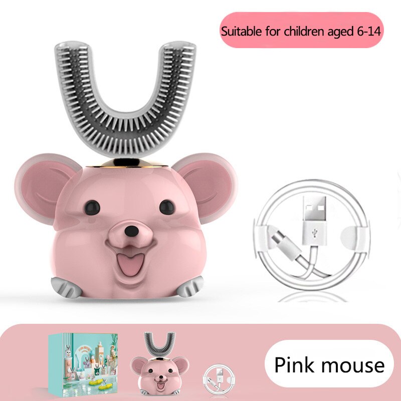 U Shape Smart 360 Angle Cartoon Teeth Cleaner Electric Toothbrush for Kids 2-6Y Teether Automatic Ultrasonic Teether Waterproof: Pink mouse6-14 years