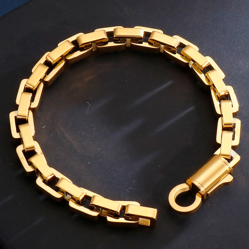 Goud Zwart Rvs Interlock Box Chain Armband Voor Mannen Zware Biker Sieraden Beste Vrienden Heren Armbanden