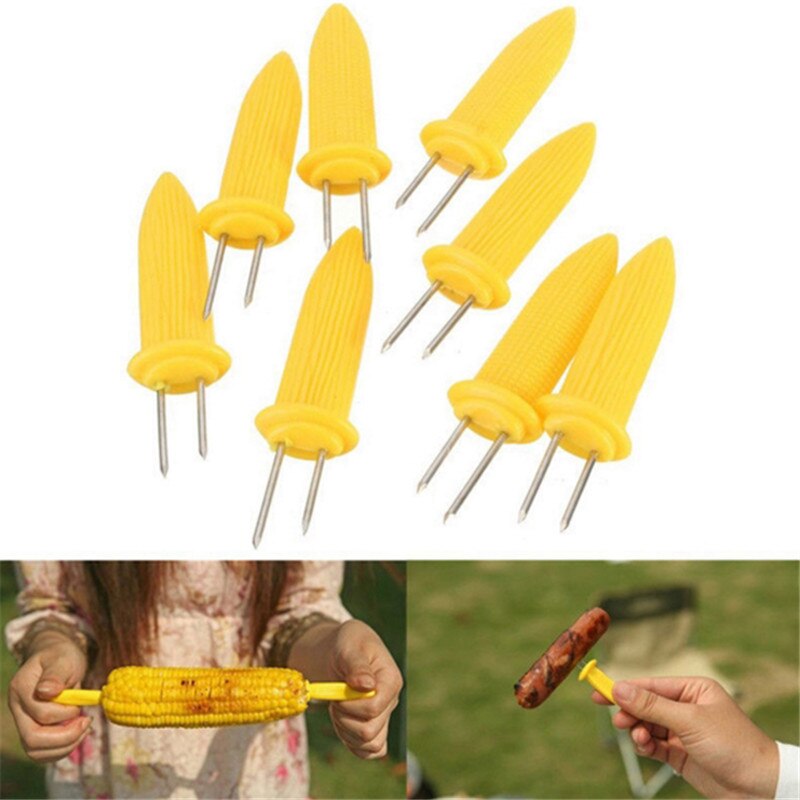 10pcs/pack Twin Prong Skewers Barbecue Fork Fruit Corn Holder BBQ Fork Garpu Tool Yellow