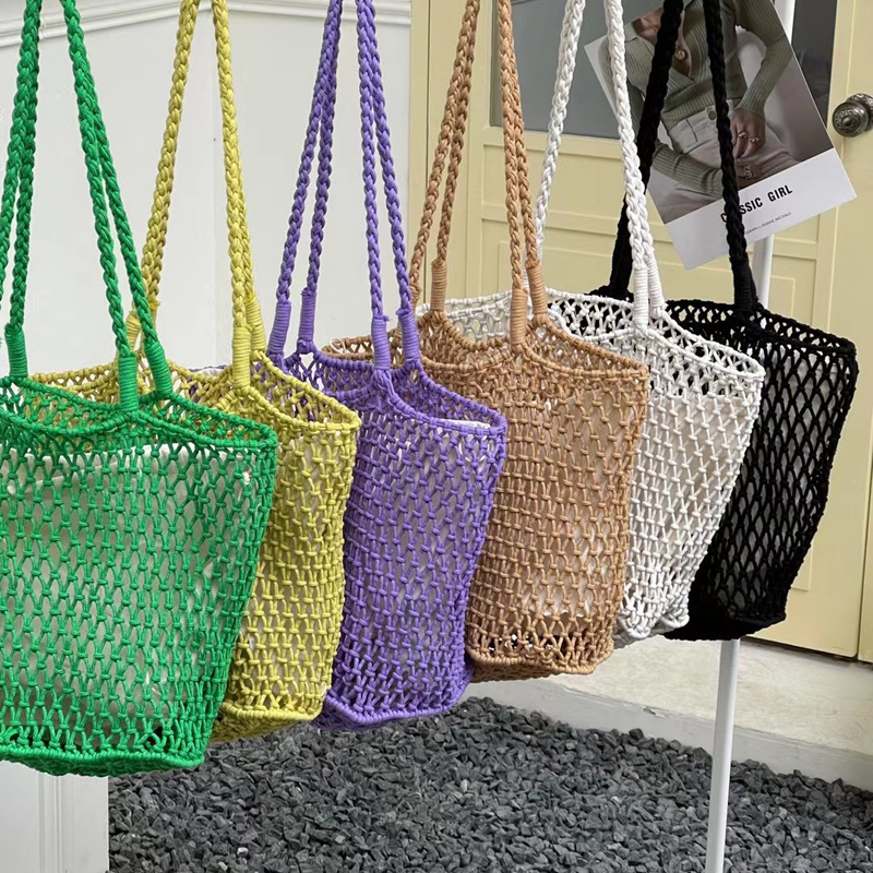 2022 Katoenen Draad Gebreide Vrouwen Handtassen Dames Netto Hollow Out Tote Vrouwen Geweven Schoudertas Strandtas Sets hele