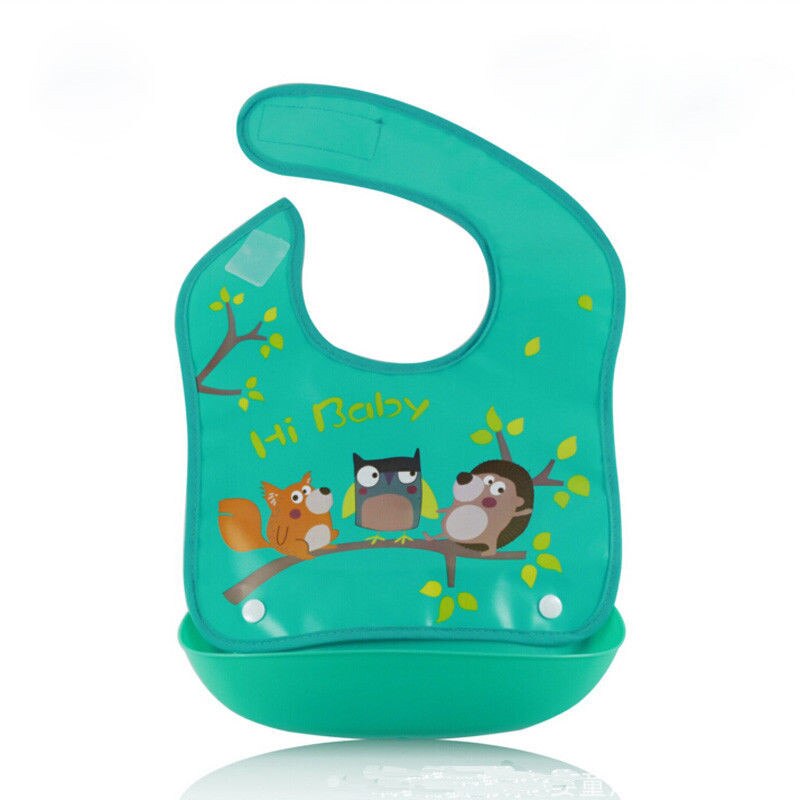 Cute Boys Girls Silicone Waterproof Bib Washable Roll Up Crumb Catcher Feeding Eating Bids Animals Printed Unisex Baby Bids: Green