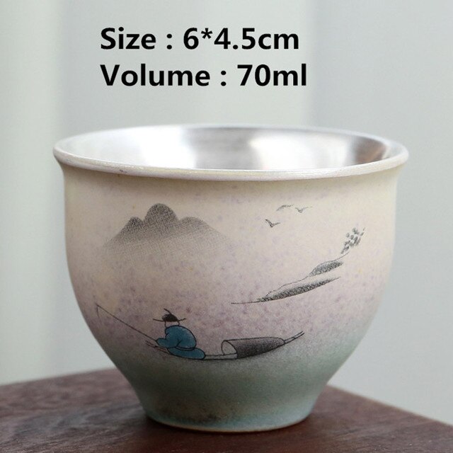 999 Silver Tea Cup Potery Pocelain Small Tea Bowl Japanese Master Cup Vintage Single Tea Cup: T