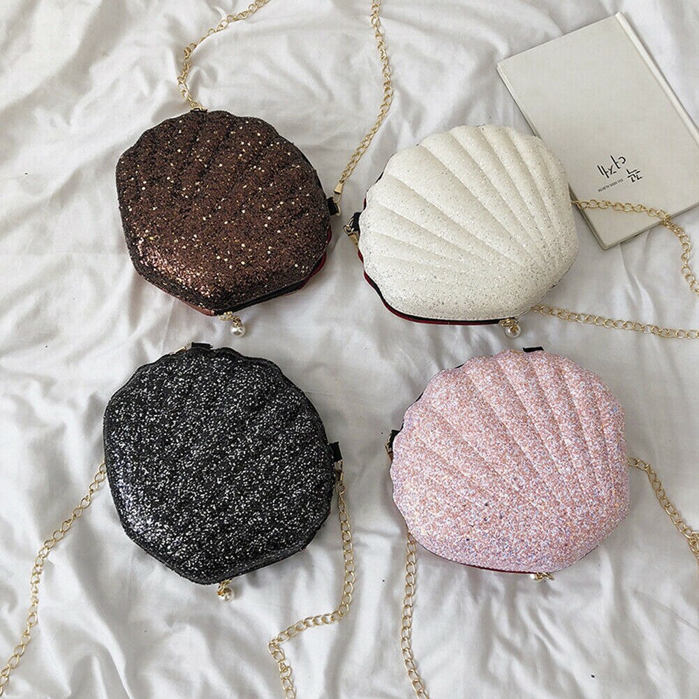 Vrouwen Meisje Glitter Sequine Shell Vorm Messenger Bags Dame Zomer Strand Pu Handtas Cross Body Schoudertas portemonnee