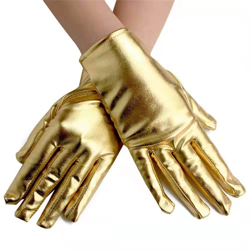 Damer læder handsker korte fest handsker fuld finger unisex håndled cykel handsker luksus guld / sølv gotiske handsker: Guld