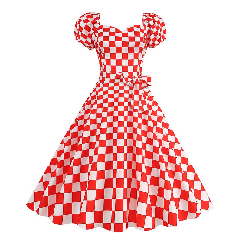 Plaid Print Retro Women Dress Puff Short Sleeve 50s Summer Polka Dot Midi Party Dresses: XXL / Red