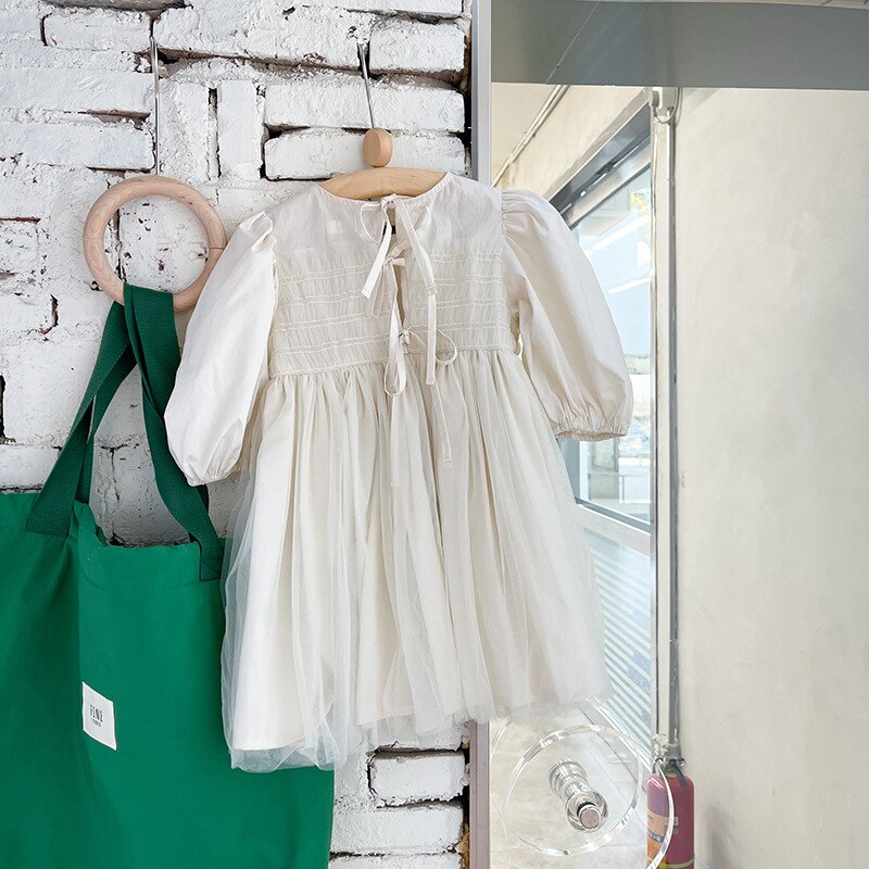 2022 Spring Korean Style Baby Girls Princess Dresses Puff Sleeve Solid Color Ball Gown Toddlers Kids Party Dress