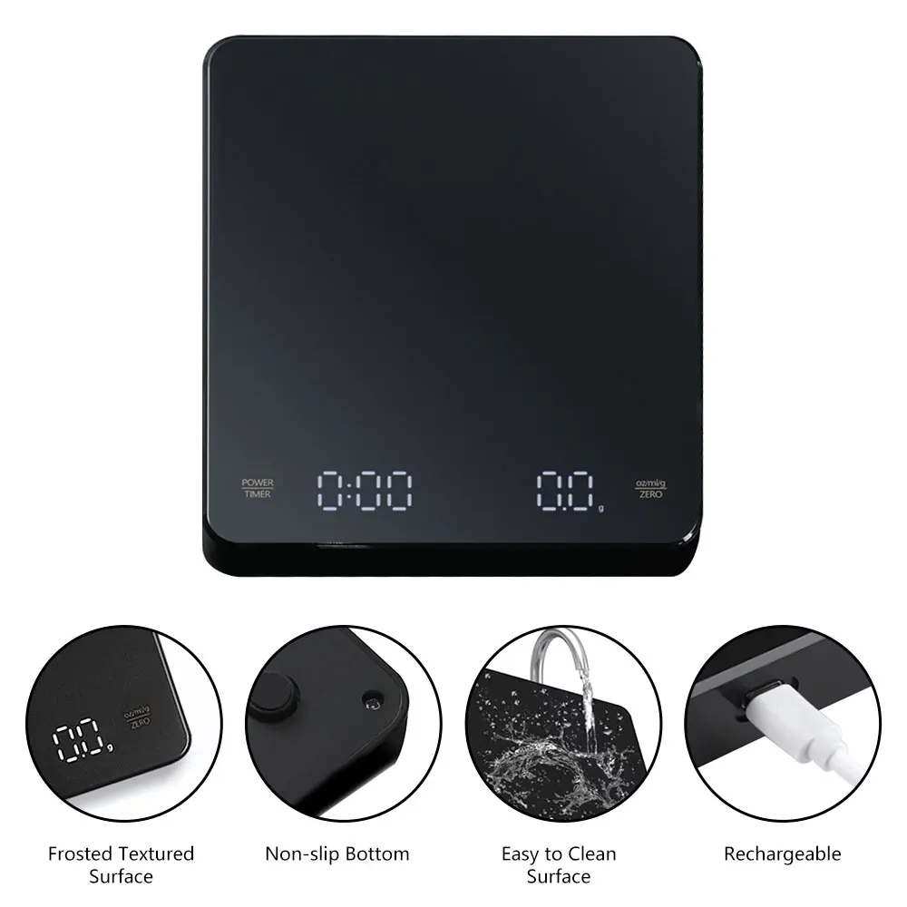 KC2 Digital Rechargeable Coffee Scale with Timer LED Screen Espresso USB 0.1g to 3kg High Accuracy Measuring Kitchen Scale