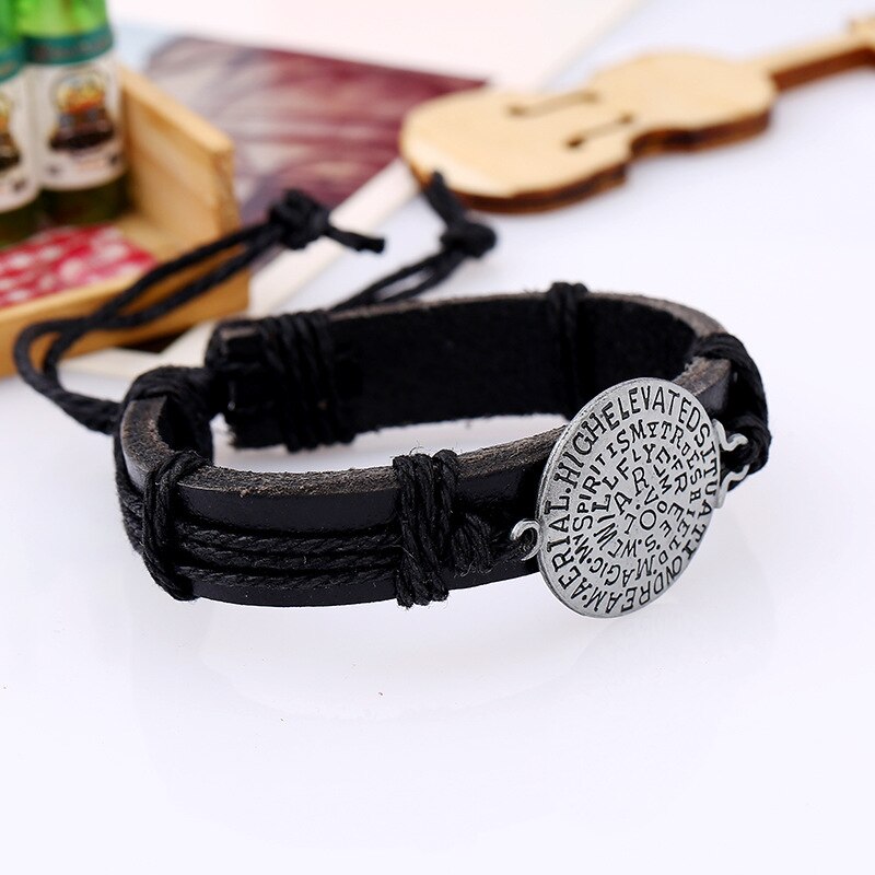 Zwarte Ronde Legering Retro Vintage Etnische Casual Handgemaakte Geweven Lederen Armbanden Mannen Vrouwen Sieraden Accessoires