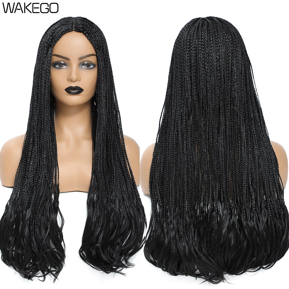 Wakego Wig Straight Box Braided Wigs With Wavy End For Women Daily Use perruque tresse africaine natte collée perruque pas cher: 1B Color