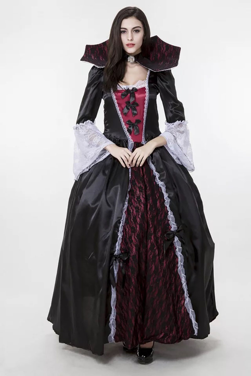 Disfraz de vampiro Versalles gótico para mujer, vestido de encaje de longitud completa, negro oscuro, con cuello alto, para Halloween