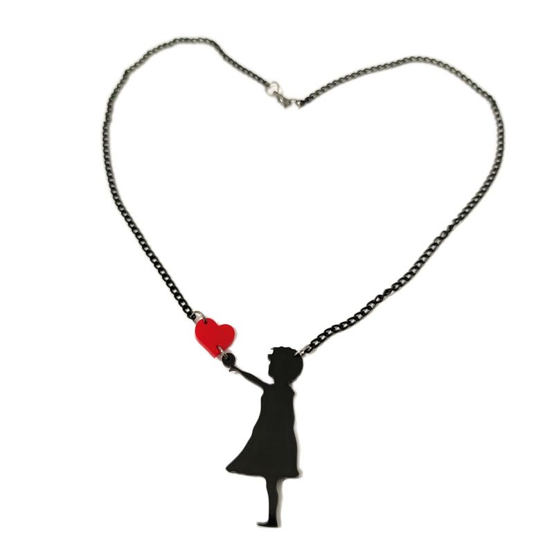 Kuguys Het Meisje Met Rood Hart Hanger Ketting Voor Vrouwen Figuur Zwart Silhouet Sieraden Acryl Leuke Accessoires