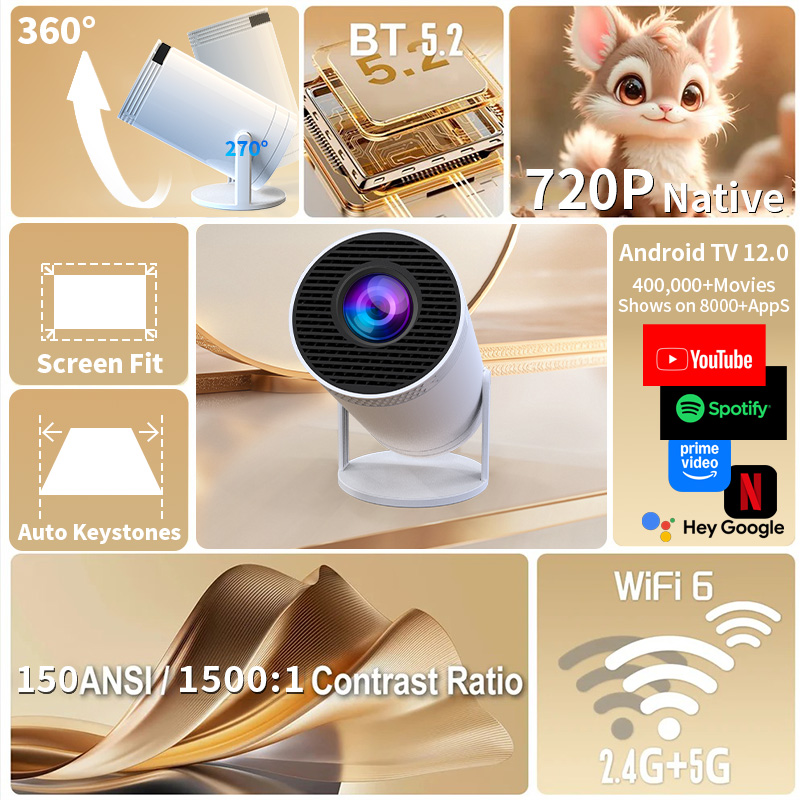 S100 Android 12.0 Portable Projector | WiFi 6 Dual band+Bluetooth 5.4 Wireless Screen Projection without Stunning | 720P HD | On