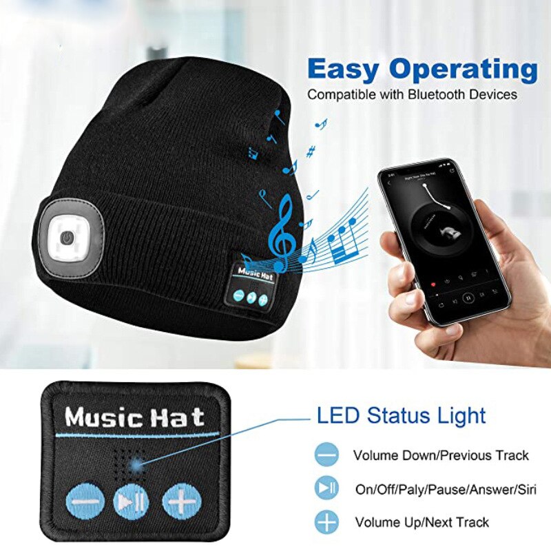 Äskettäin bluetooth led pipo hattu sisäänrakennettu stereo usb ladattava led valaistu neulottu lippis unisex miehille naisille  s66
