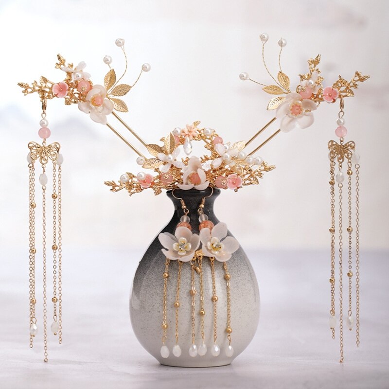 Women Chinese Hanfu Dress Jewelry Sets Tassel Floral Hairpins Earrings Hair Fork AXYD