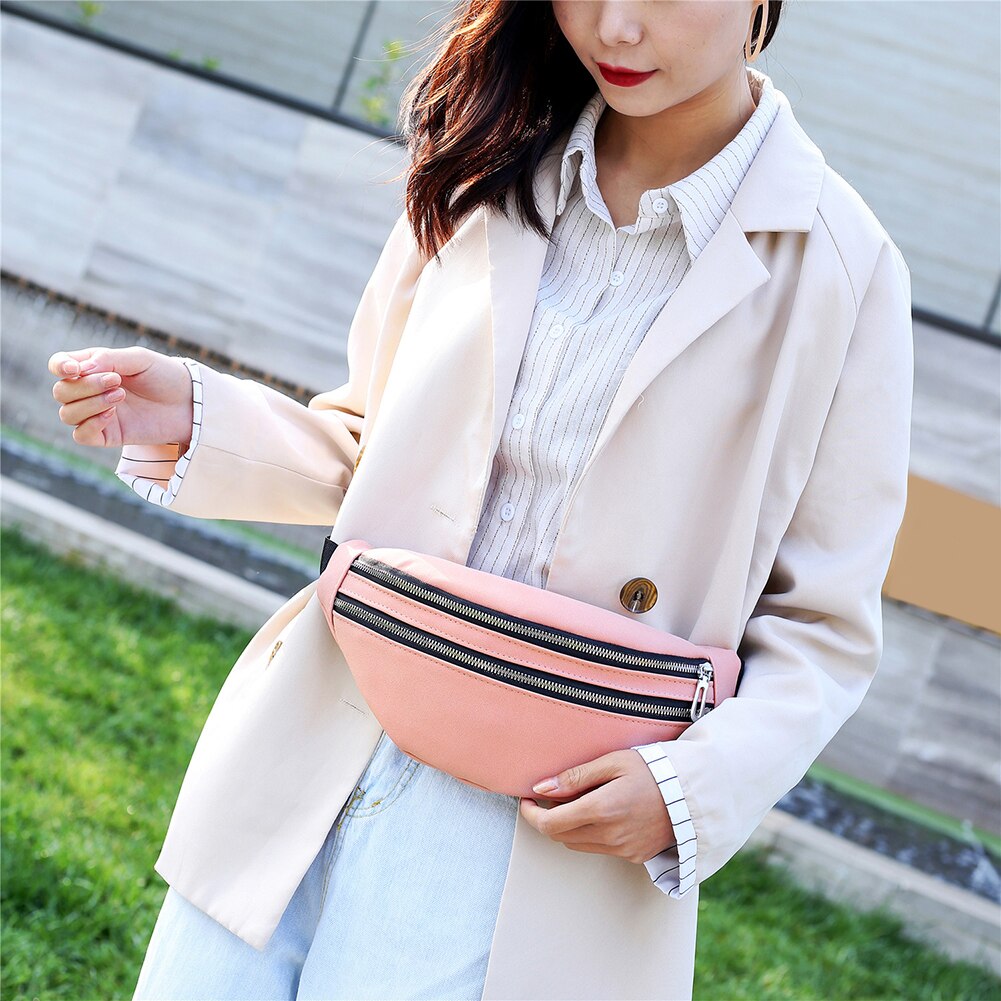 Brand Women Double Zippers Suede Waist Fanny Pack Belt Bag Waterproof Chest Pouch Travel Hip Bum Bag Lady Phone Pouch Bolsas