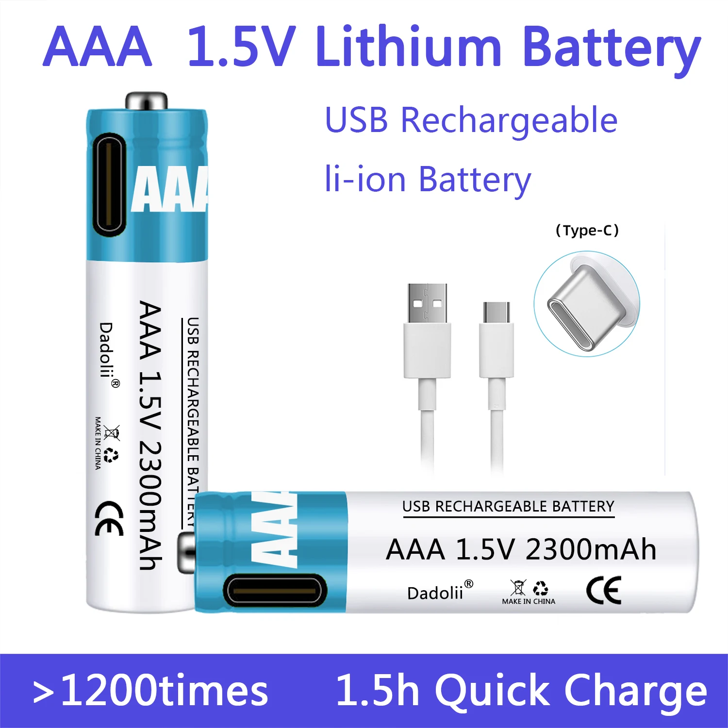 1.5v laddningsbara aaa-batterier, 2300 mah laddningsbart aaa-batteri, litiumpolymerbatteri, snabbladdning med usb-c-kabel