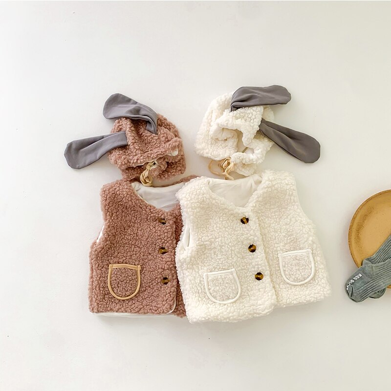 Chaleco cálido de Cachemira para bebé, niño y niña chaqueta de Color sólido para, abrigo + encantador sombrero cálido, conjunto para bebé de 0 a 3 años, novedad, Otoño e Invierno