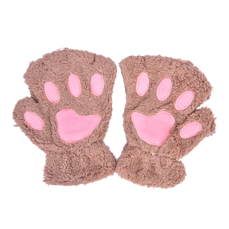 Soft Plush Short Fingerless Fluffy Bear Cat Gloves Costume Half Finger Black Beige Women Cute Cat Claw Paw Plush Mittens Warm: kaiki