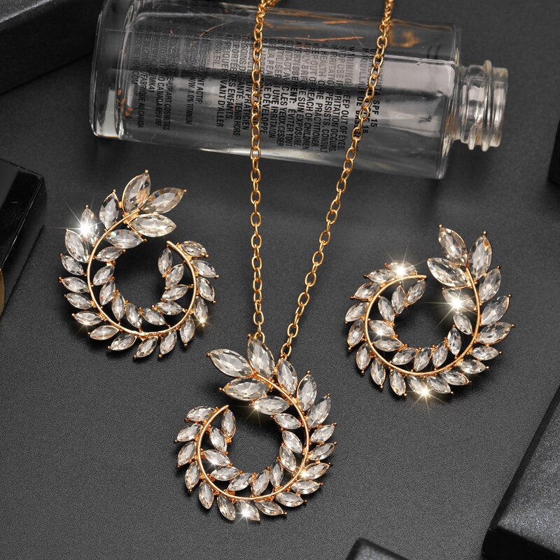 Wedding Jewelry Sets Green Rhinestone Crystal Necklaces For Women Gold Color Round Circle Stud Earrings