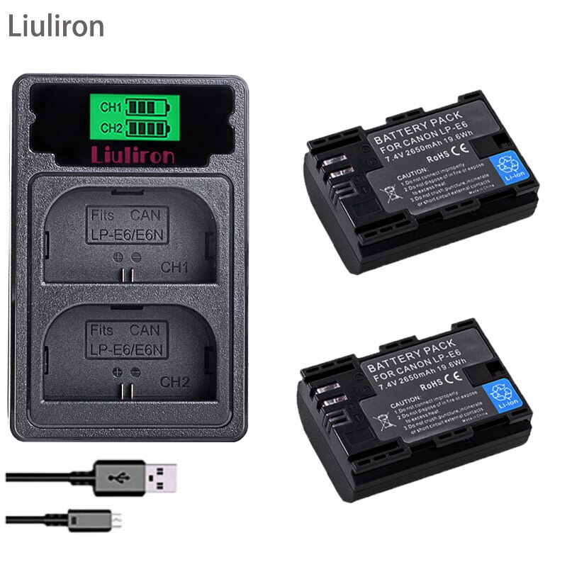 4 stk 2650 mah lp -e6 lp e6 lpe 6 batteri + led dual usb oplader til canon eos 5d 5 d 2 5ds r mark  ii 2 iii 6d 60d 60da 7d 7 d 2 70d 80d: Oplader og 2 batterier