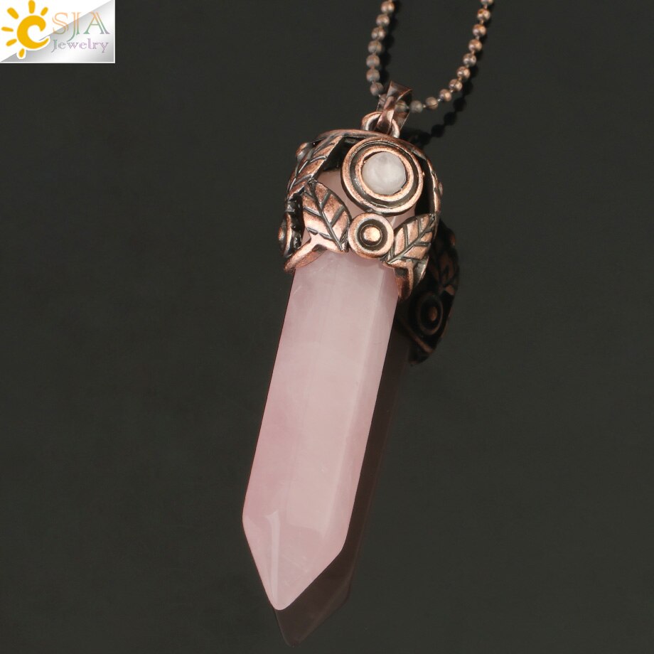 CSJA Naturale Pietra di Cristallo Pendenti con gemme e perle Rosso Antico di Rame Esagonale Colonna Pendente di Energia Femminile Degli Uomini Collane Dei Monili Dell'annata G178: Rose Quartz Chain