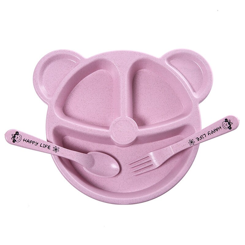 Assiette à grille en paille de blé pour enfants, vaisselle de table pour écoliers de maternelle, ensemble de 3 pièces: Rose
