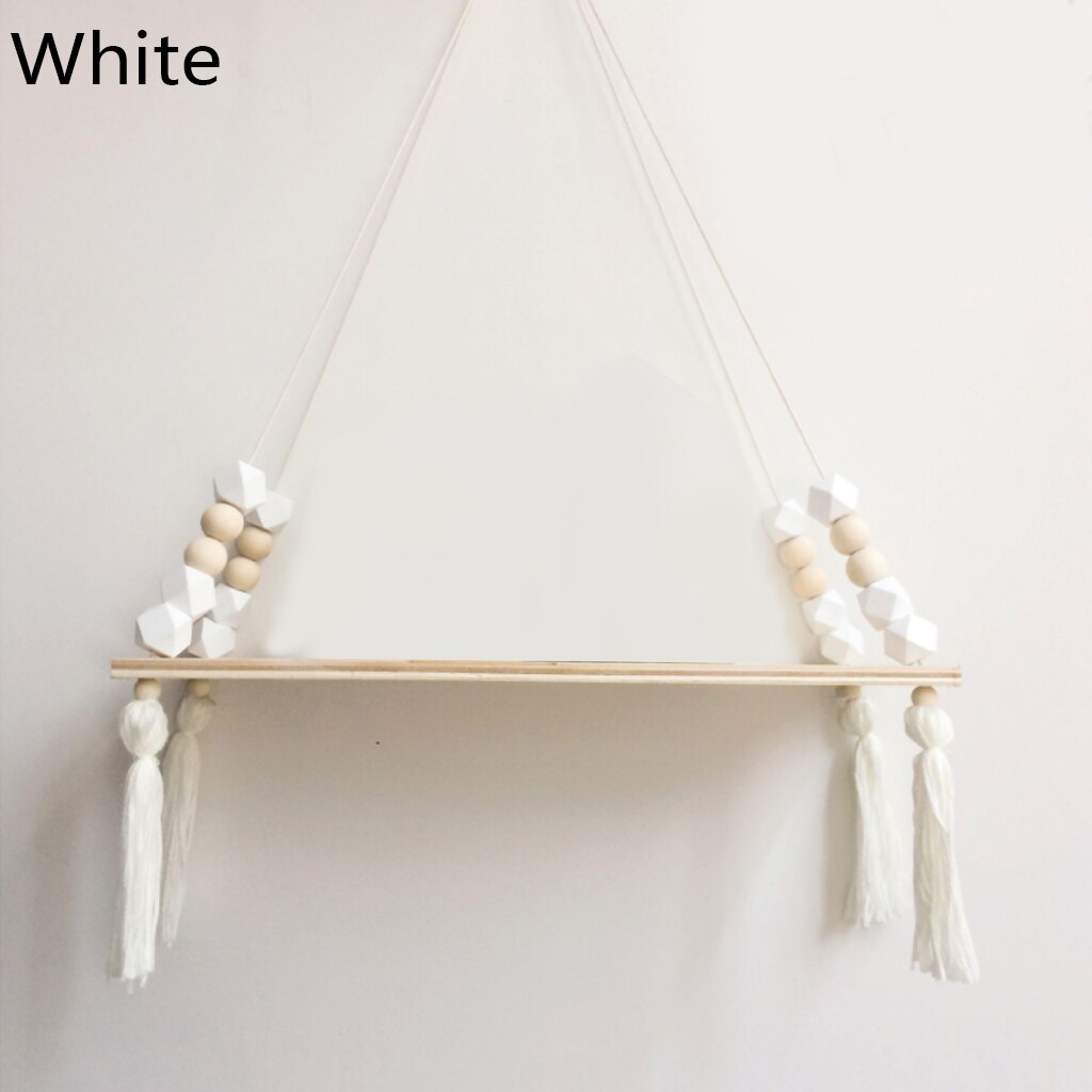 Estante de pared de madera con borlas y cuentas de colores nórdicos para niños, decoración de guardería, almacenamiento artesanal, decoración de hogar para colgar en la pared: B-White