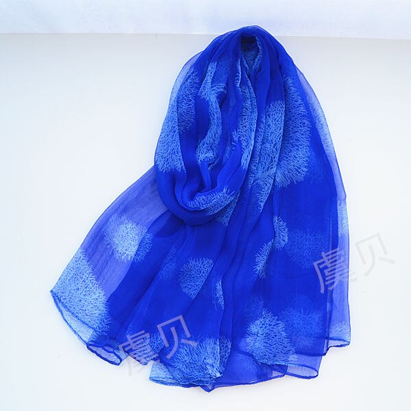 Naturligt silke diaphan tørklæde til kvinder trykt kongeblå wrap blødt lys meget tynd forår sommer afslappet sjal til dame: Default Title