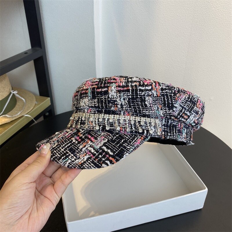 202007-CY036 automne goutte d'eau strass chaîne mélange Plaid loisirs octogonal chapeau hommes femmes visières casquette: chain black