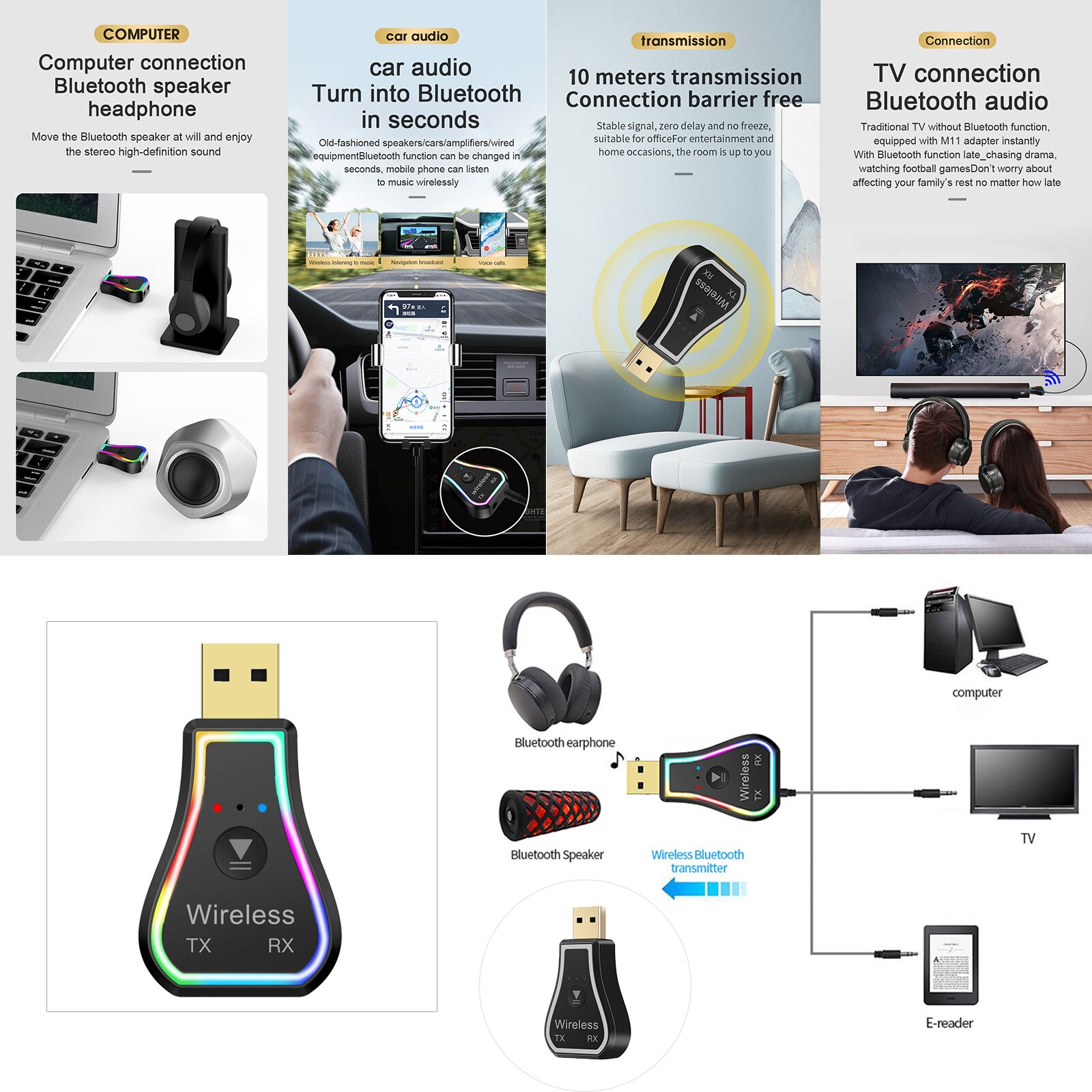 M11 USB Bluetooth 5.0 Transmitter and Receiver Hands-Free For PC TV and More