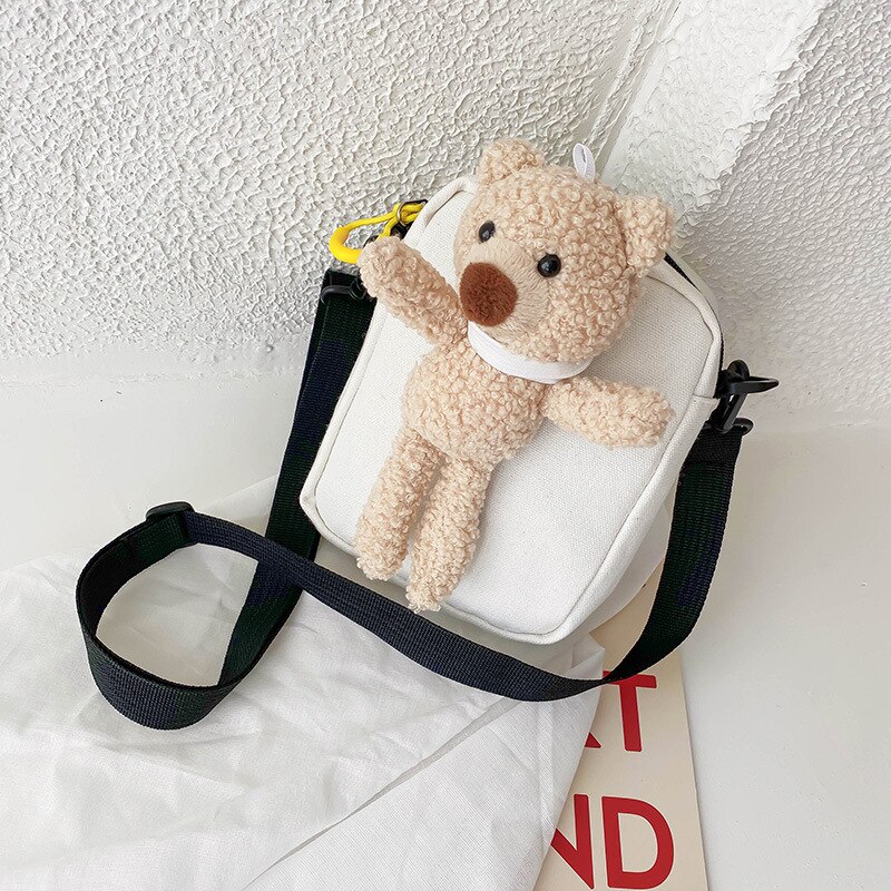 Hair bear canvas bag female trendy cute student chest bag ins shoulder bag messenger waist bag: white