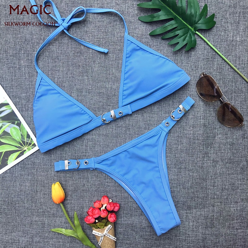 4 colors women bikini set beach chest adjustment buckle swimwear female swimsuit Low waist swimming suit blue bathing suit