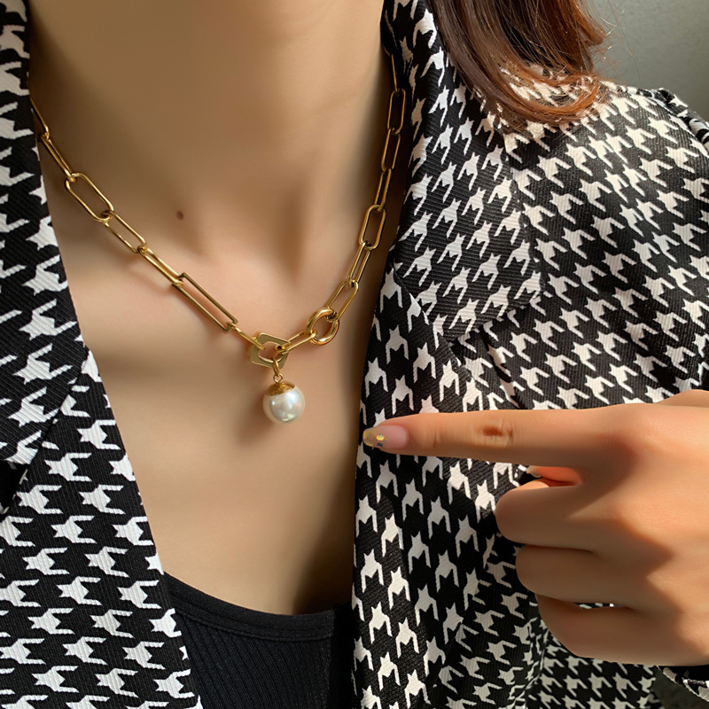 316l stainless steel new elegant jewelry hip hop geometric pearl charms thick chain choker necklaces & pendants for women