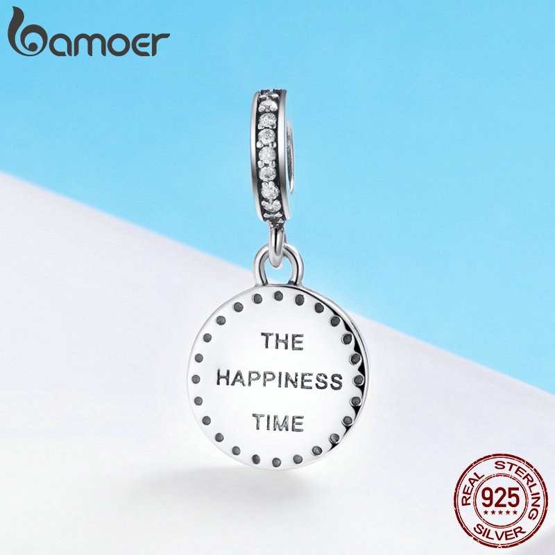 BAMOER 100% Genuine 925 Sterling Silver Clock Happy Time Engrave Pendant Charm fit Women Bracelet Sterling Silver Jewelry SCC657