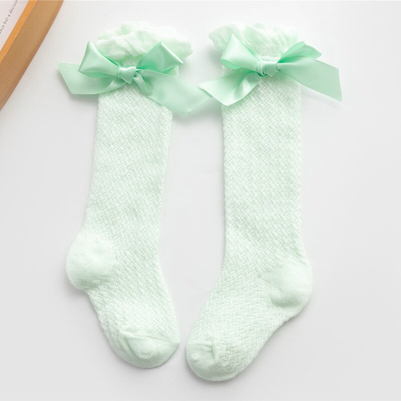 Calcetines hasta la rodilla con lazo para bebé y niño, medias caladas de estilo real, colores caramelo, Verano: Green Bow Socks