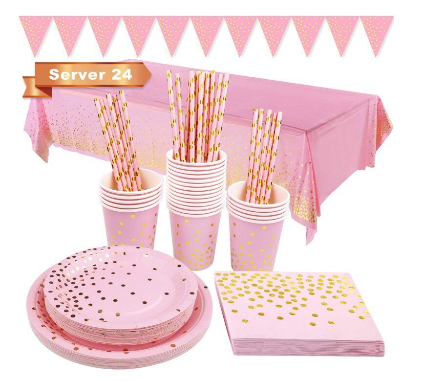 Pink Party Supplies Set Dinnerware Set Disposable Dots Paper Plates Napkins Cups Fork Knives Spoon Baby Shower Birthday Wedding: 24 serves set