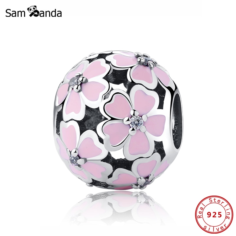 Oryginalny 925 srebro urok koralik różowy biały pierwiosnek łąka uroki kwiat dopasowanie bransoletki kobiety Diy biżuteria