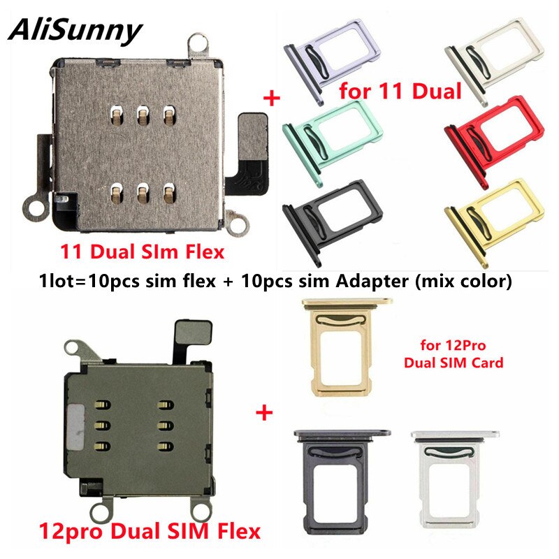 AliSunny 10set Dual Sim Card Reader Connector Flex Cable + Tray Slot Holder Adapter for iPhone 11 12 Pro Max XR XSMax Parts