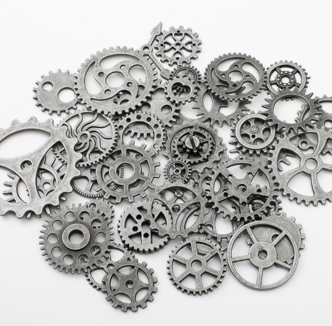 100g Metal Alloy Mixed Cogs Gears Steampunk Charms for Pendants Embellishments Antique Silver Golden and Rose Gold Color: Gun black