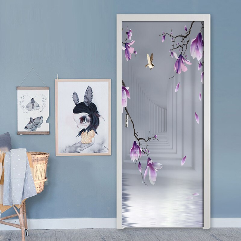 DIY Door Sticker Purple Flowers Space Photo Wallpaper PVC Self-adhesive Wall Decals Living Room Bedroom Door Home Decor Sticker