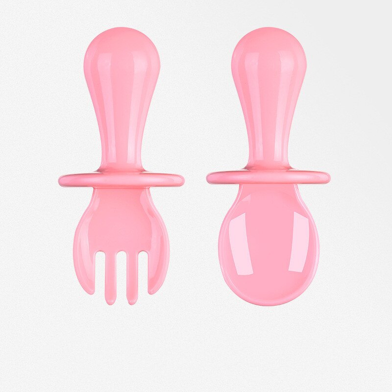 Vaisselle d'entraînement pour bébés,cuillère et fourchette à manche court, couleur unie, matière PP sécurisée, pour enfants, motif mignon, paquet de 2 pièces,: Pink