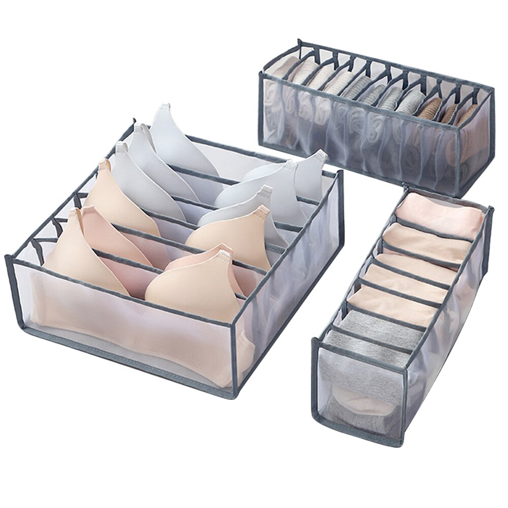Opvouwbare Ondergoed Opbergdoos Met 6/7/11 Compartimenten Nylon Divider Doos Sokken Bra Underpants Garderobe Drawer Closet Organizer: gray 3pcs