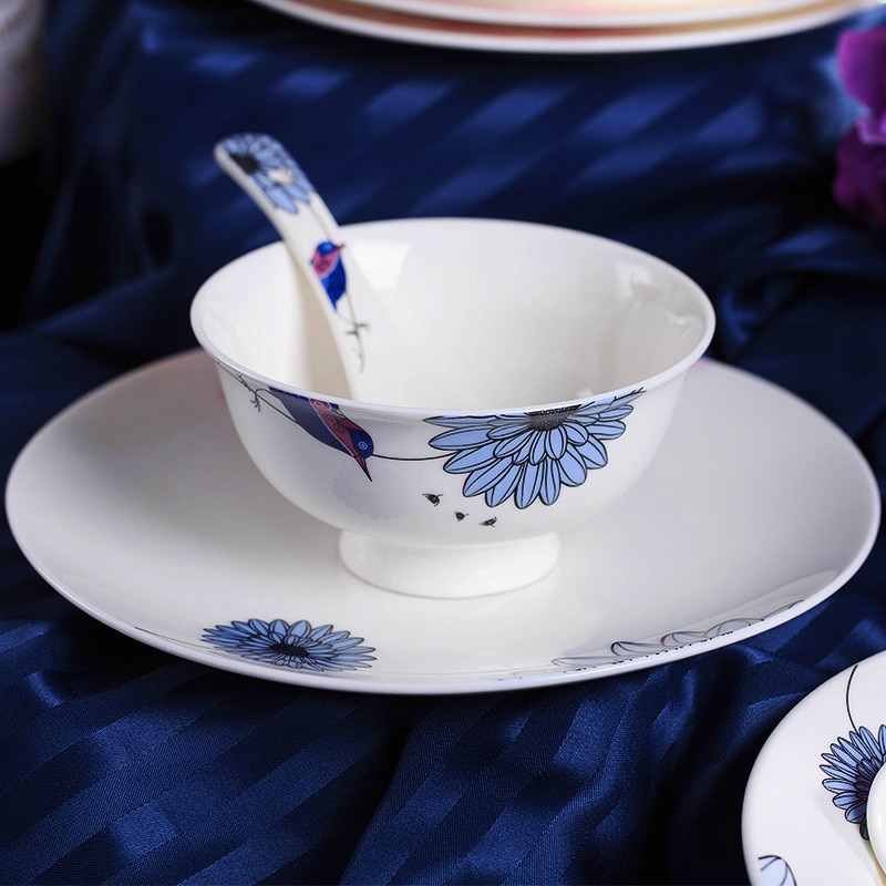Kinesisk stil benporcelæn keramiske tallerkener skåle porcelænsservice middagstallerken