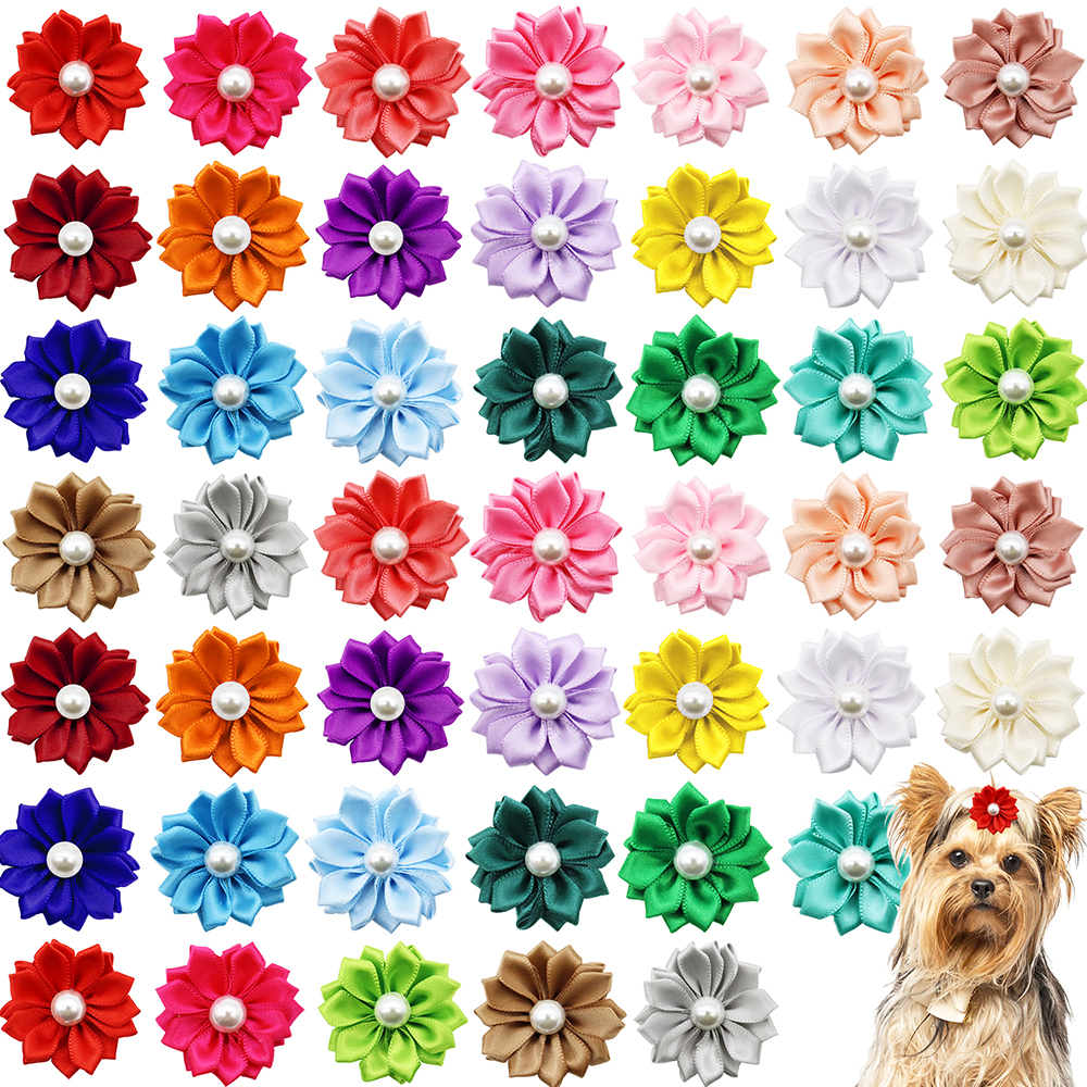50/100/200 Uds. Banda de goma de flores, lazos para el pelo de perro, accesorios para el cabello de gato con perlas, lazos para el pelo para el cuidado de perros y gatos, lazo para topete para mascotas: L