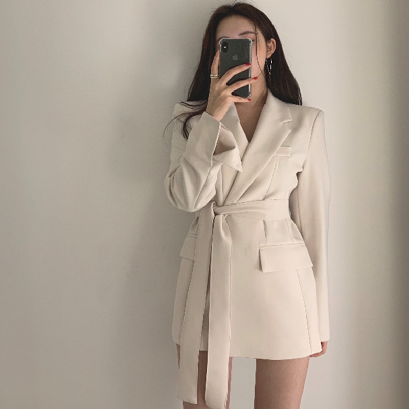 Blazer taille haute avec ceinture pour femme, vêtement d'extérieur, coupe cintrée, noir et Beige, à manches longues, pour le travail et le bureau, collection automne