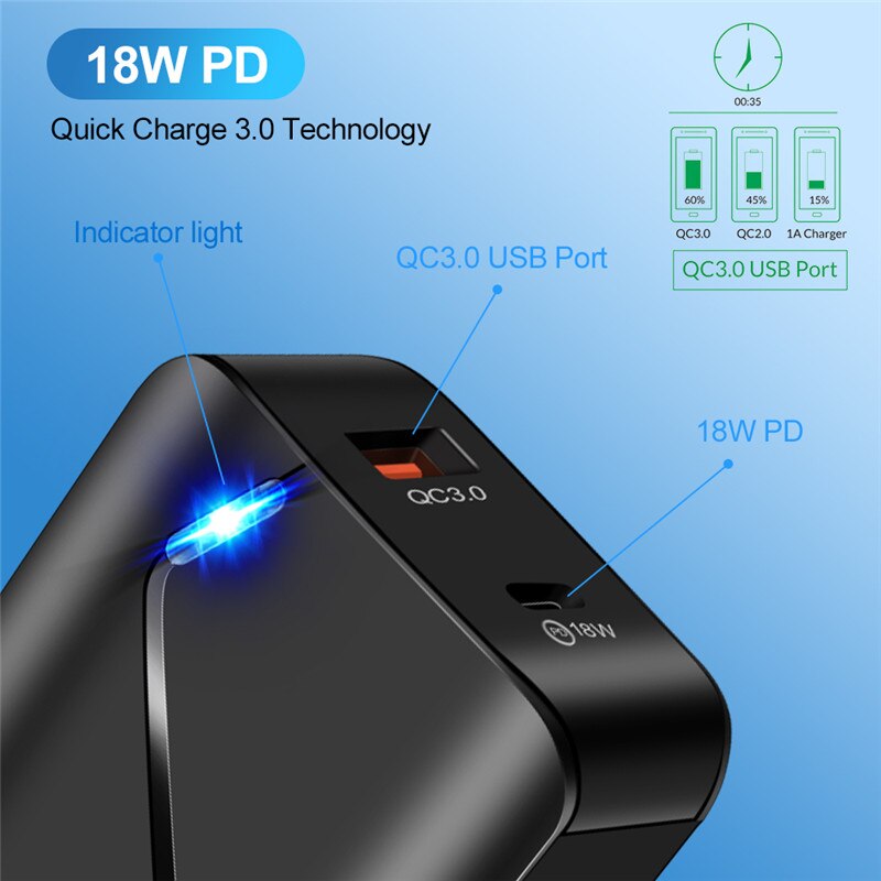 USLION 18W PD adapter EU US QC 3.0 usb Quick charger For iPhone 11 12 Xiaomi mi 9 Samsung Huawei mobile phones LED Fast Charging