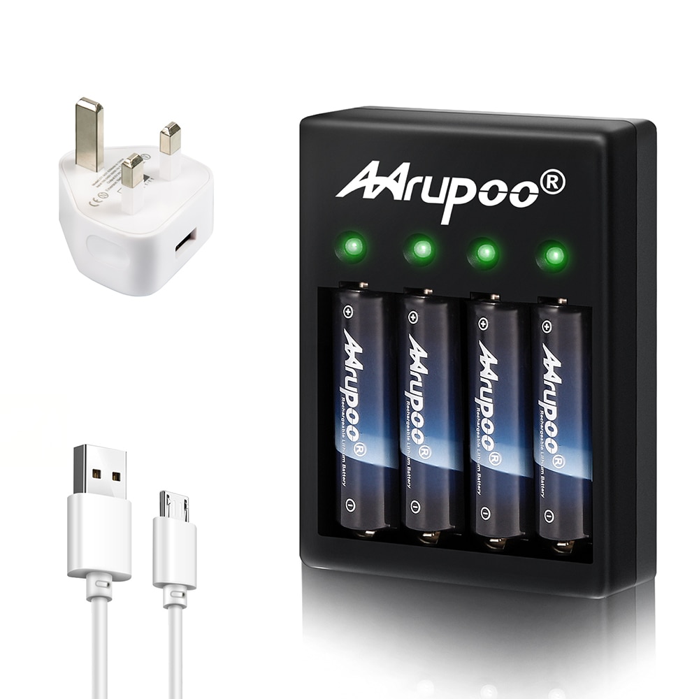 Wiederaufladbare AA oder AAA Batterie USB Ladegerät mit Kabel Adapter und 4 AA Lithium-Akkus, Auto-Sicherheit Über-Ladung