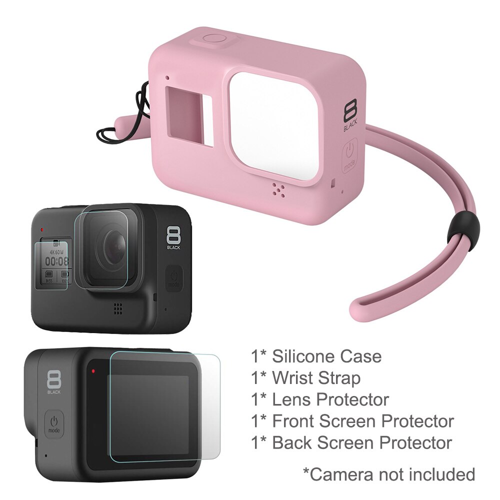 Voor Gopro 8 Accessoire Kit Zachte Siliconen Case Huid Beschermende Shell Behuizing + Lens & Lcd Screen Protector Voor Go pro Hero 8 Zwart: Pink